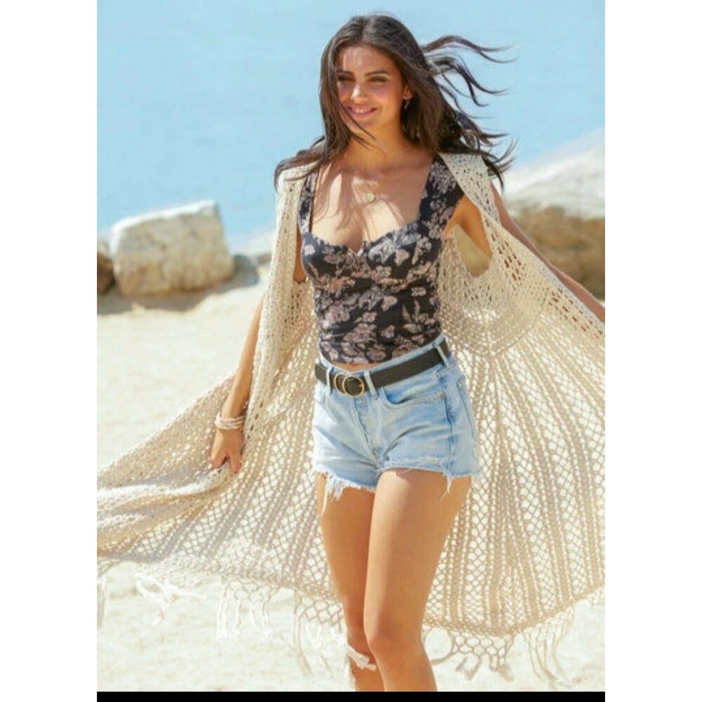 Free People XS/Small Crochet Suncatcher Maxi Sweater Duster Fringe Beige